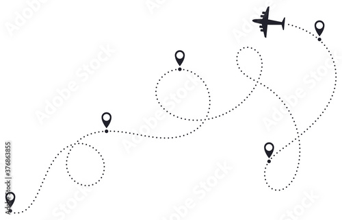 Airplane route line. Plane dotted route, airplane destination track, plane traveling destination pathway, plane travel map vector illustration. Location points with dashed itinerary