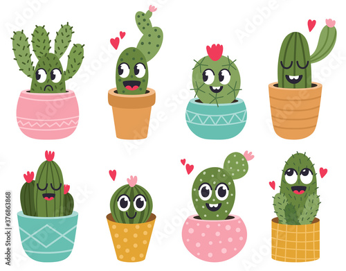 Cute cactus faces. Funny succulent cacti face, tropical prickly potted smiling plants, mexican cactus happy face vector illustration icons set. Plants with adorable expression in flowerpot