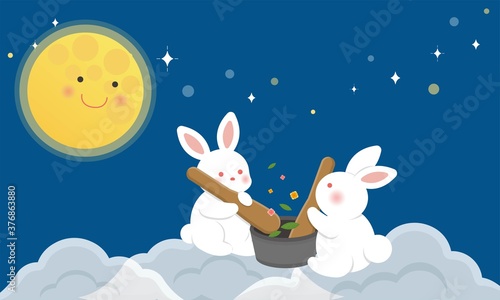 Mid-autumn festival, moon with clouds, cute rabbit making herbs on the moon, cartoon, illustration, vector