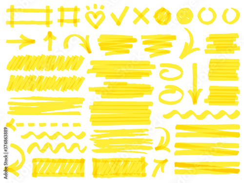 Hand drawn marker strokes. Yellow marker stroke lines, markers stripes and highlight elements, permanent marker signs vector illustration set as check marks, heart, arrow with various direction photo