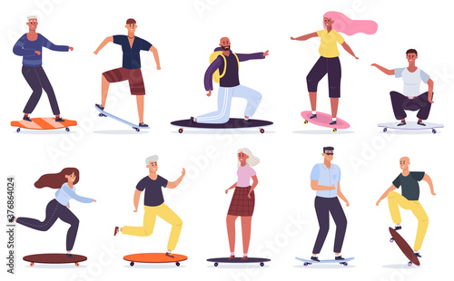 Young skateboarders. Men and women riding skateboard, teenagers on longboards and skateboards, urban extreme sport vector illustration set. People spending leisure actively and funny
