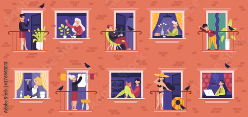 People in windows. Neighbors characters communicating, male and female people in windows frames, neighbors everyday life vector illustration set. Woman watering plant, cleaning window