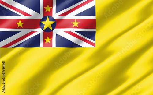 Silk wavy flag of Niue graphic. Wavy Niuean flag illustration. Rippled Niue country flag is a symbol of freedom, patriotism and independence.