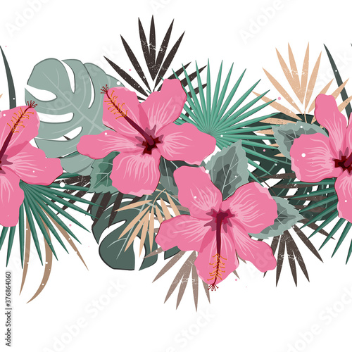 Seamless vector floral summer border with tropical palm leaves and hibiscus flowers. Perfect for wallpapers, web page backgrounds, surface textures, textile