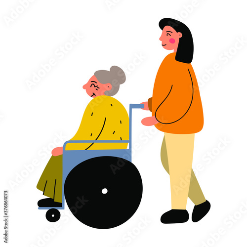 Young woman take care about old lady in wheelchair. Illustration on white background. 