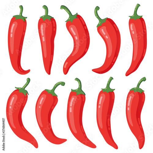 Red chilli peppers. Cartoon hot red mexican peppers, spicy peppers, hot burning seasoning vegetable isolated vector illustration icons set. Spicy tabasco or jalapeno