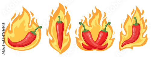 Hot chilli peppers. Cartoon spicy red chilli pepper in fire flames, red hot burning mexican peppers isolated vector illustration icons set. Organic vegetable for food sauces, cooking