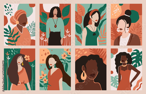 Women portraits. Female abstract hand drawn contemporary portrait, fashion girls silhouettes, modern female face posters vector illustration set. Characters with different hairstyle, big earrings