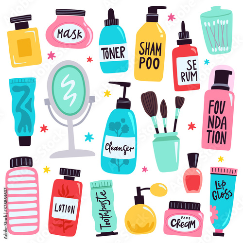Makeup tools. Skincare routine cosmetic products, hand drawn skincare cosmetic doodle tools, beauty and makeup vector illustration icons set. Bottles with mask, toner, shampoo, serum, lotion