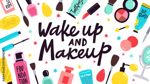 Makeup poster. Skincare cosmetic products, hand drawn doodle visage tools, face and body skincare concept vector background illustration. Bottles with serum, lip gloss, brush, mascara