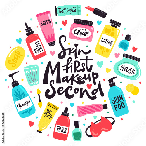 Doodle cosmetics tools. Make up, skin care beauty products, toner, lotion, lipstick and serum, makeup concept vector background illustration. Skin first makeup second. Bottles and accessories