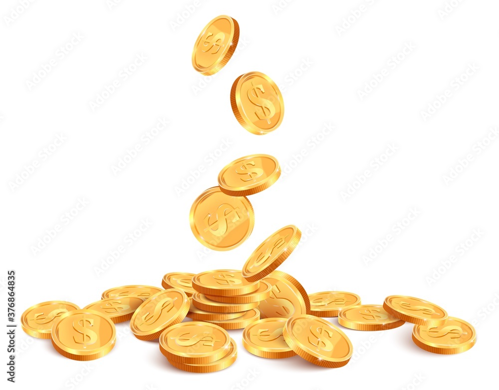 Realistic falling coins. Golden coin falling down, 3D gold jackpot rain, casino shiny falling cash money isolated vector background illustration. Winning prize, having luck in gambling Realistic falling coins. Golden coin falling down, 3D gold jackpot rain, casino shiny falling cash money isolated vector background illustration. Winning prize, having luck in gambling