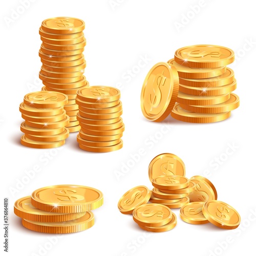 Realistic coins pile. Golden coin dollar stack, 3D jackpot coins, gold treasure prize, cash coin piles isolated vector illustration icons set. Gold money heap, gambling or banking concept