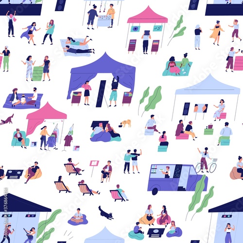 Seamless pattern with people at indie open air festival or hipster event activity. Persons chill together or have recreation at outdoor summer music party. Flat vector background on white