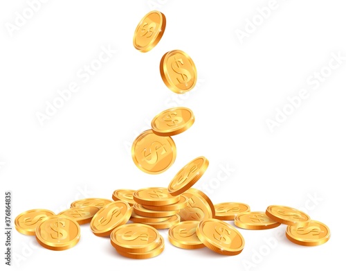 Realistic falling coins. Golden coin falling down, 3D gold jackpot rain, casino shiny falling cash money isolated vector background illustration. Winning prize, having luck in gambling