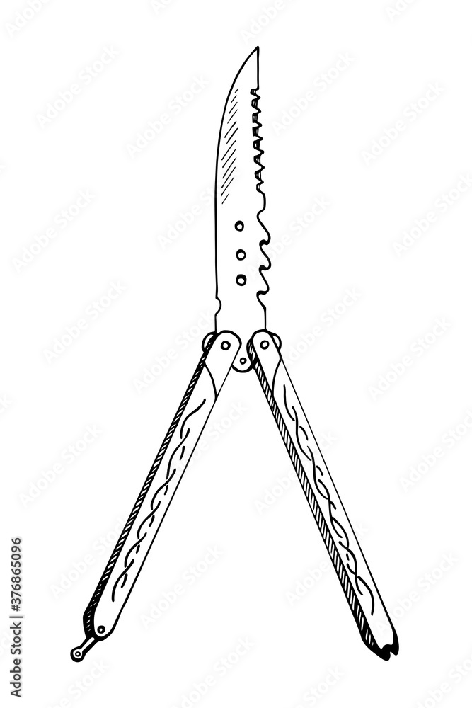 Balisong (fan knife, butterfly knife, Batangas knif) folding pocketknife, gravure style hand