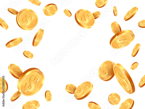 Realistic gold coins. Golden coins explosion backdrop, casino jackpot cash money concept, shiny 3D gold treasure vector background illustration. Precious prize in casino, having luck