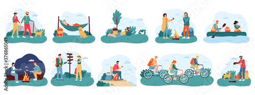 Outdoor activity tourism. Camping and hiking adventure travel, male and female active tourists, nature camping trip vector illustration icons set. People sitting near campfire, riding bikes