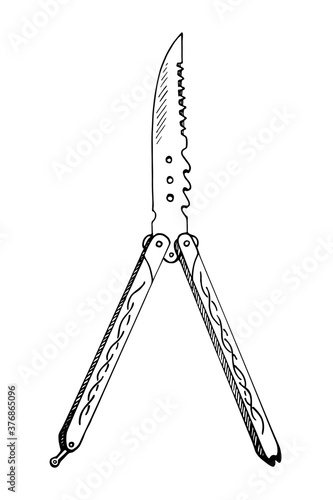 Balisong (fan knife, butterfly knife, Batangas knif) folding pocketknife, gravure style hand drawn vector outline illustration