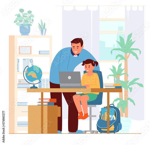 Homeschooling Concept. Father Or Tutor Teaching Girl At Home. Girl Sitting At Desk At Laptop. Flat Vector Illustration.