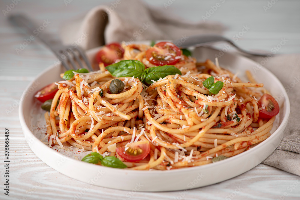 spaghetti with tomato sauce, basil and parmesan spaghetti with tomato sauce, basil and parmesan