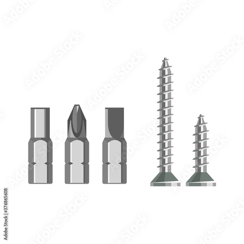 Screwdrivers bit and self-tapping screw. Vector Illustration