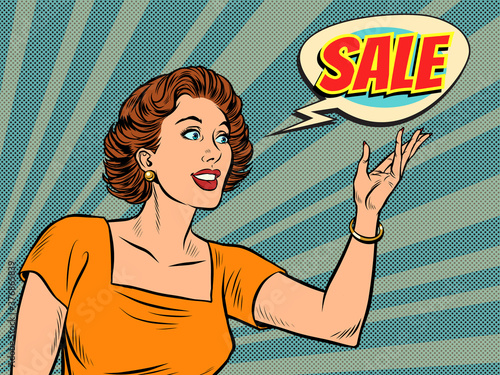 A beautiful pop art woman advertises a sale