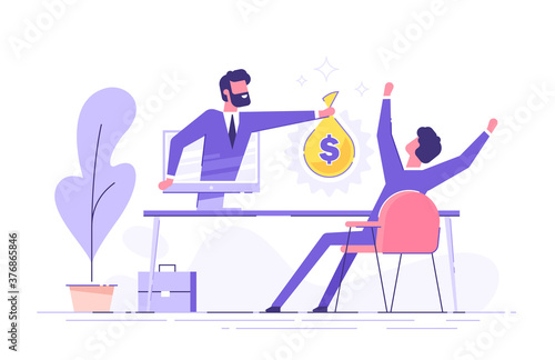 A man from a monitor holds out a bag of money to a happy man. Concept of earnings on the Internet, online income, gambling. Modern vector illustration.
