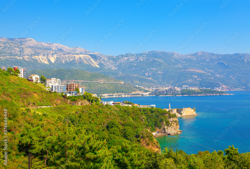 Panorama of Budva city and Adriatic Sea . Scenery of Budva Riviera in Montenegro 
