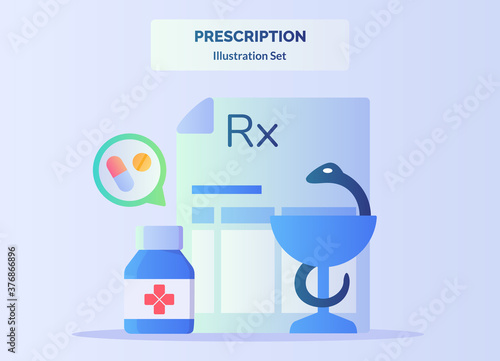 rescription illustration set doctor prescription background drug tablet pill in bottle snake glasses with flat color style