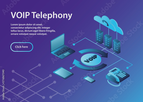 Concept VOIP telephony, isometric, example site page. VOIP Telephony Scheme with ip-telephone