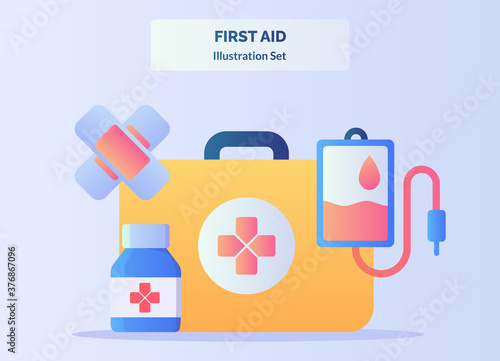 First aid illustration set red cross suitcase backgroound of medical equipment bottle drug wound blood bag with flat color style