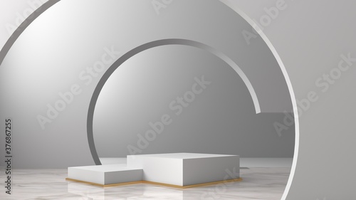 3d rendered studio with geometric shapes, podium on the floor. Platforms for product presentation, mock up background. Abstract composition in minimal design, luxury and gold colors