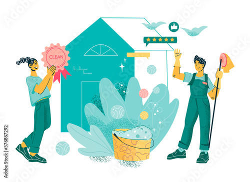 Cleaning company staff finished to clean a house. Banner for cleaning service and household staff hiring with cartoon cleaners or janitors characters, flat cartoon vector illustration.