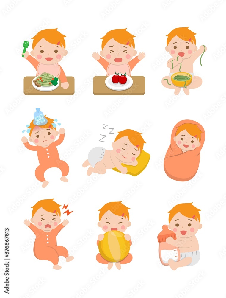 9 cute happy babies and his daily routines, baby diapers, fever babies, sleeping babies, baby noodles, cartoon vector illustration, set, set, isolated 9 cute happy babies and his daily routines, baby diapers, fever babies, sleeping babies, baby noodles, cartoon vector illustration, set, set, isolated