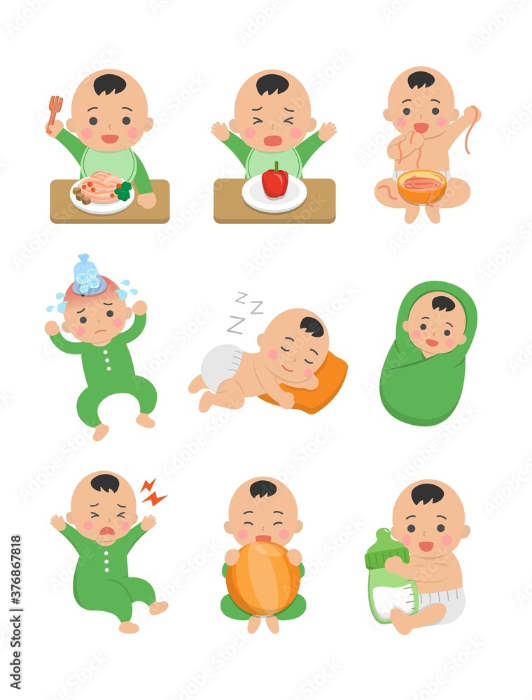 9 cute happy babies and his daily routines, baby diapers, fever babies, sleeping babies, baby noodles, cartoon vector illustration, set, set, isolated