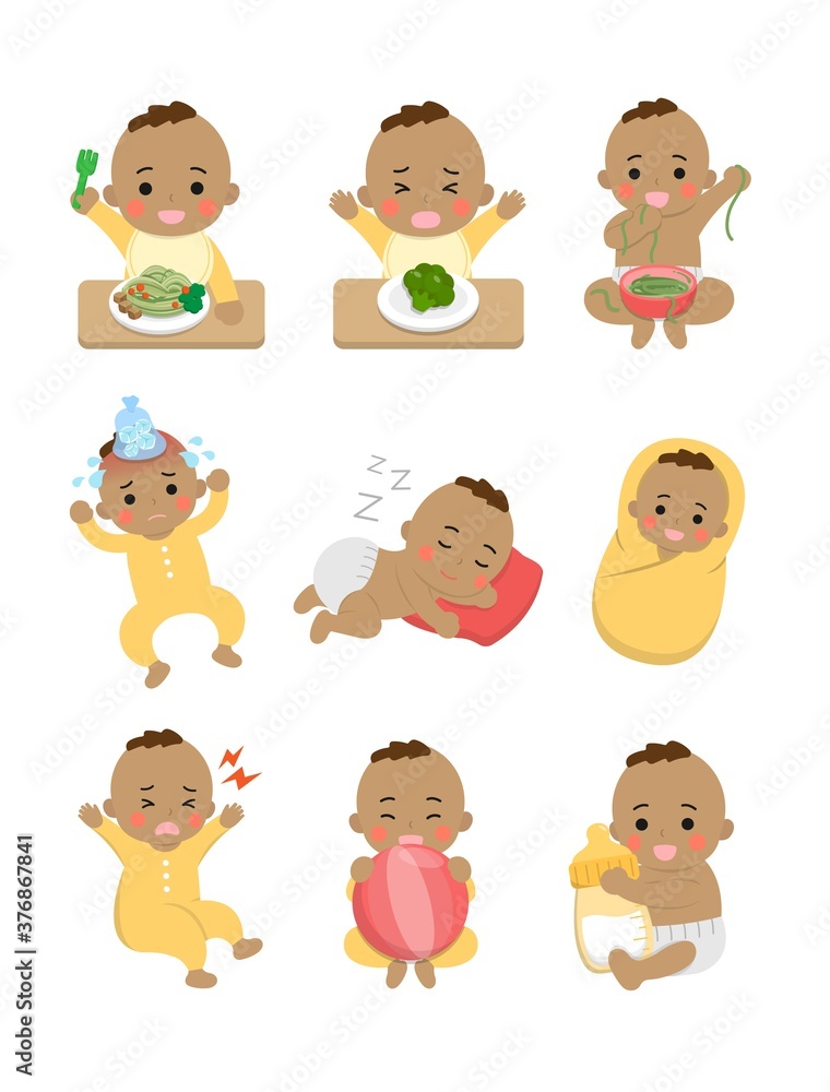 9 cute happy babies and his daily routines, baby diapers, fever babies, sleeping babies, baby noodles, cartoon vector illustration, set, set, isolated 9 cute happy babies and his daily routines, baby diapers, fever babies, sleeping babies, baby noodles, cartoon vector illustration, set, set, isolated