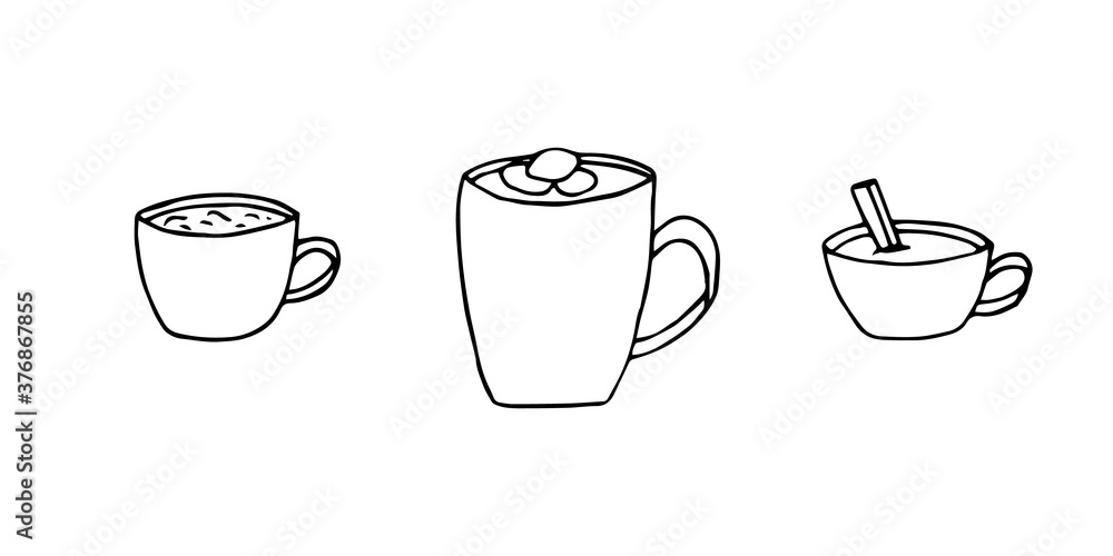 Set of cups with hot drinks, vector illustration, hand drawing