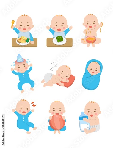 9 cute happy babies and his daily routines, baby diapers, fever babies, sleeping babies, baby noodles, cartoon vector illustration, set, set, isolated