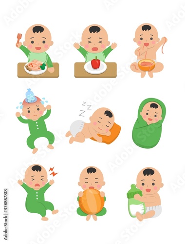 9 cute happy babies and his daily routines, baby diapers, fever babies, sleeping babies, baby noodles, cartoon vector illustration, set, set, isolated