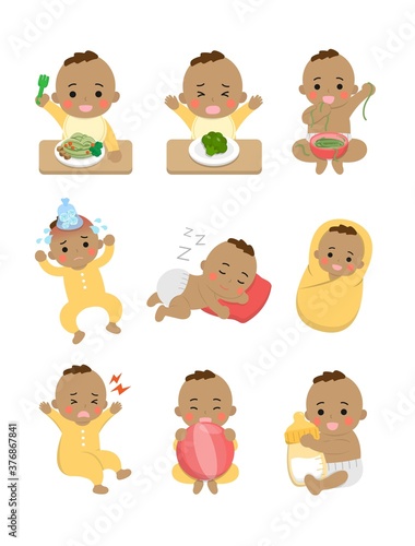 9 cute happy babies and his daily routines, baby diapers, fever babies, sleeping babies, baby noodles, cartoon vector illustration, set, set, isolated