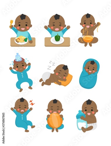 9 cute happy babies and his daily routines, baby diapers, fever babies, sleeping babies, baby noodles, cartoon vector illustration, set, set, isolated