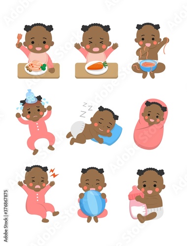 9 cute happy babies and his daily routines, baby diapers, fever babies, sleeping babies, baby noodles, cartoon vector illustration, set, set, isolated