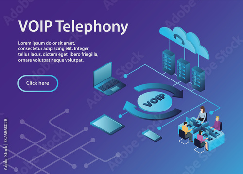 Concept VOIP telephony, isometric, example site page. VOIP Telephony Scheme