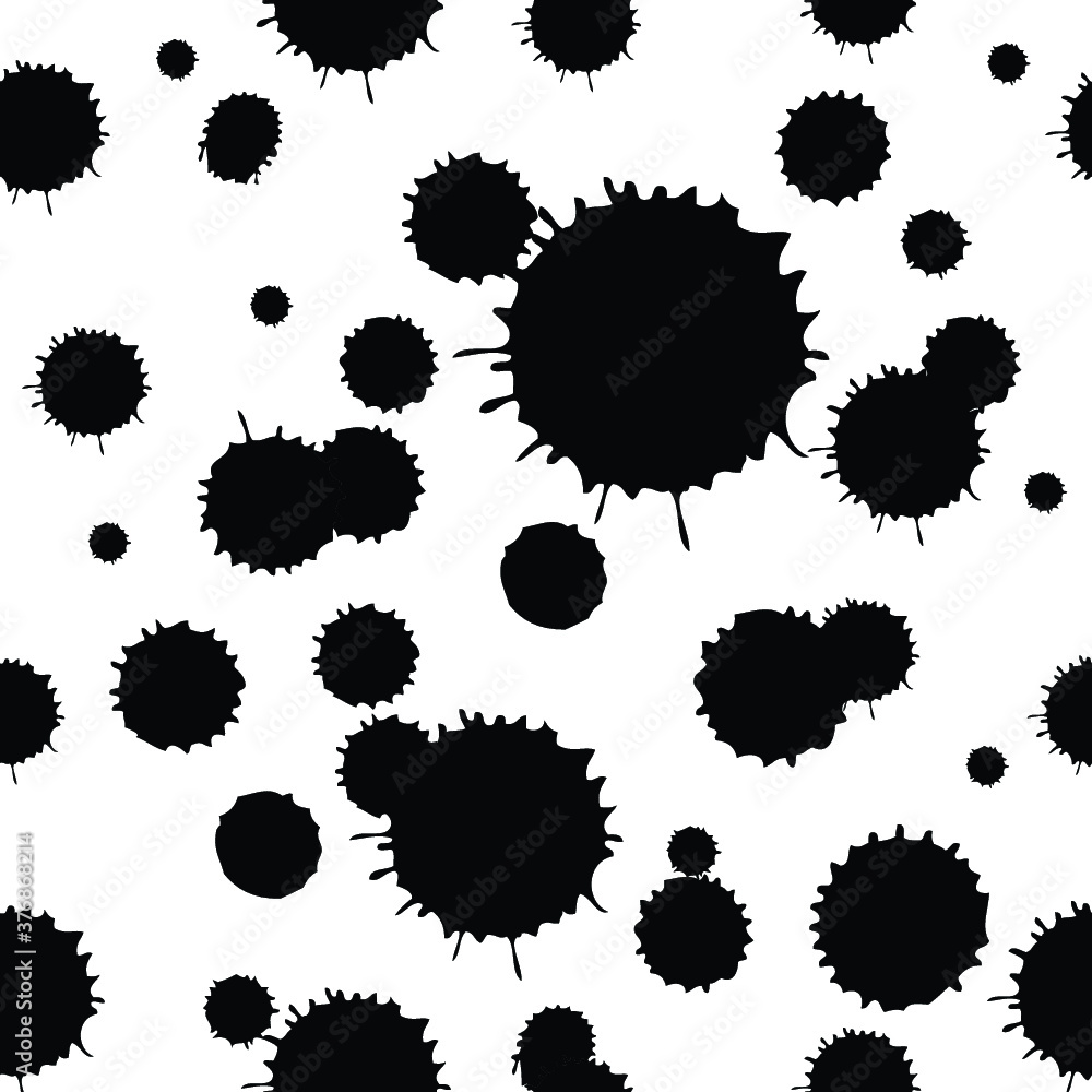 Vector seamless pattern with black blots from ink on a white background