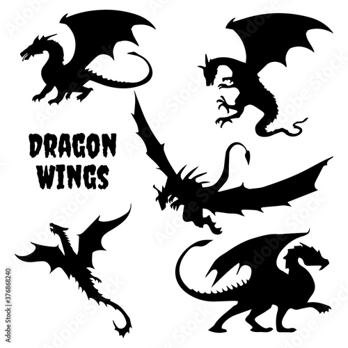 Black stylized vector illustrations of dragons silhouettes
