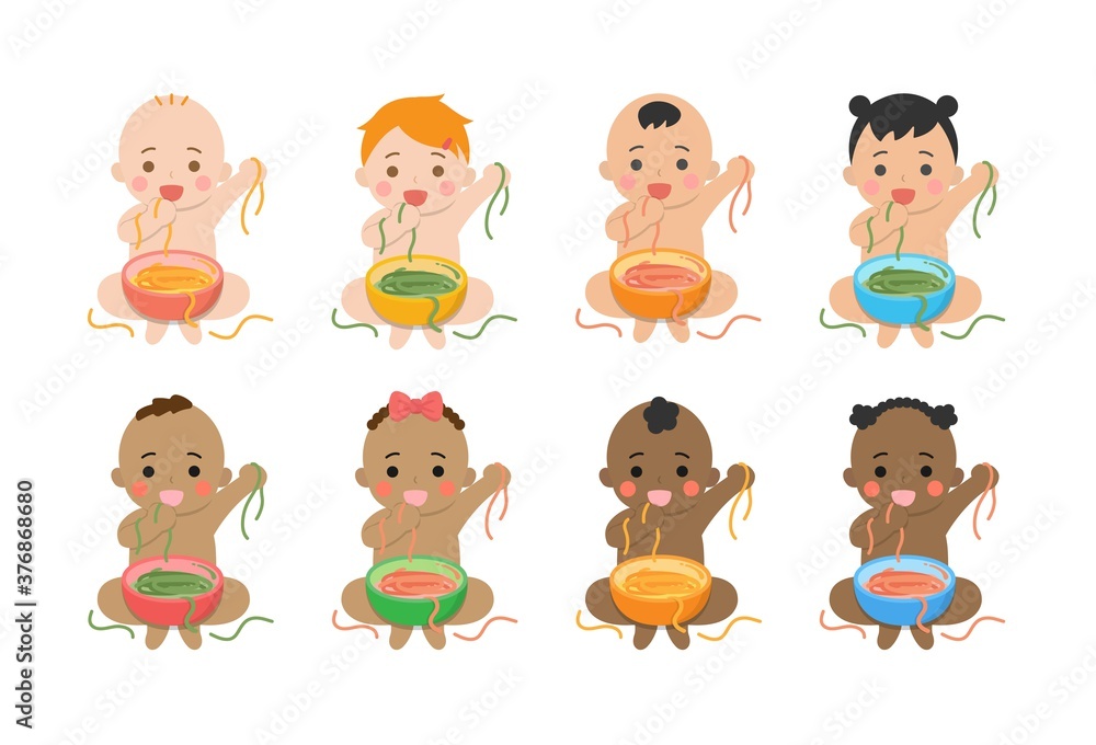 Cute baby daily illustration set, different races with skin color, grabbing baby noodles by hand to eat, dirty, cartoon vector illustration, set, set, isolated Cute baby daily illustration set, different races with skin color, grabbing baby noodles by hand to eat, dirty, cartoon vector illustration, set, set, isolated