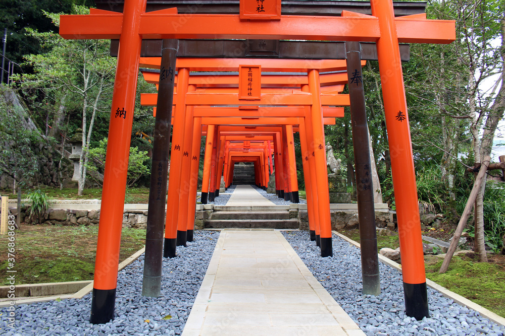 Line of orange torii gates at inari jinja of at Suwa Shrine in Nagasaki.