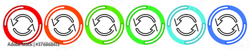 Arrows cyclic rotation icons, two arrows recycling recurrence, renewal line symbols on white background. Vector 6 colors option icon. Vector illustration flat design UI and UX