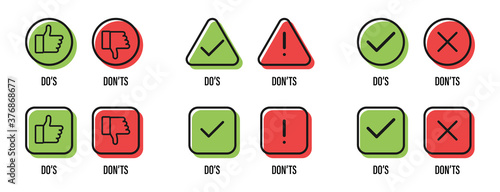 Do and Don't. Thumb up and thumb down. Tick and cross. Good and bad symbols. Like and dislike icons. Vector illustration photo